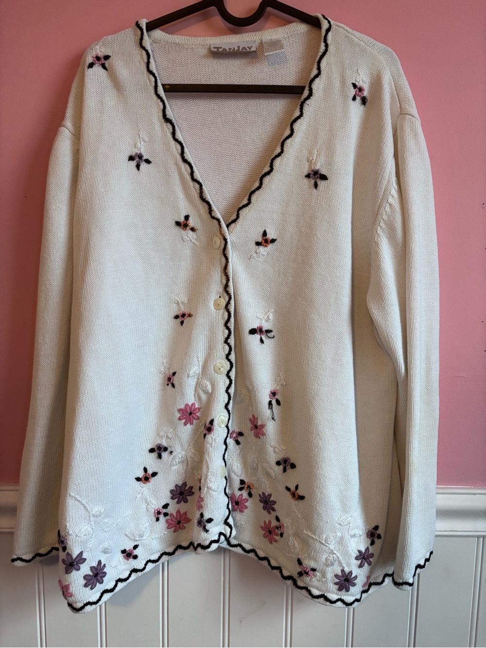 TanJay white V-Neck Cardigan with Pink and Purple Floral Embroidery